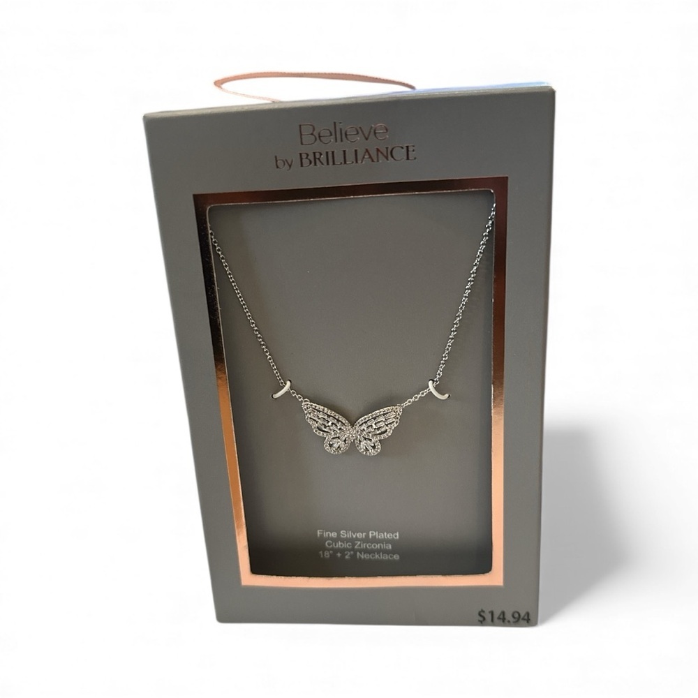 Believe by Brilliance Fine Silver Plated CZ Butterfly Necklace